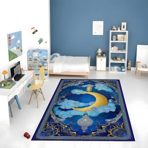Celestial Crescent Moon Rug Blue Gold Islamic Style Lantern Cloud Pattern Area Rug