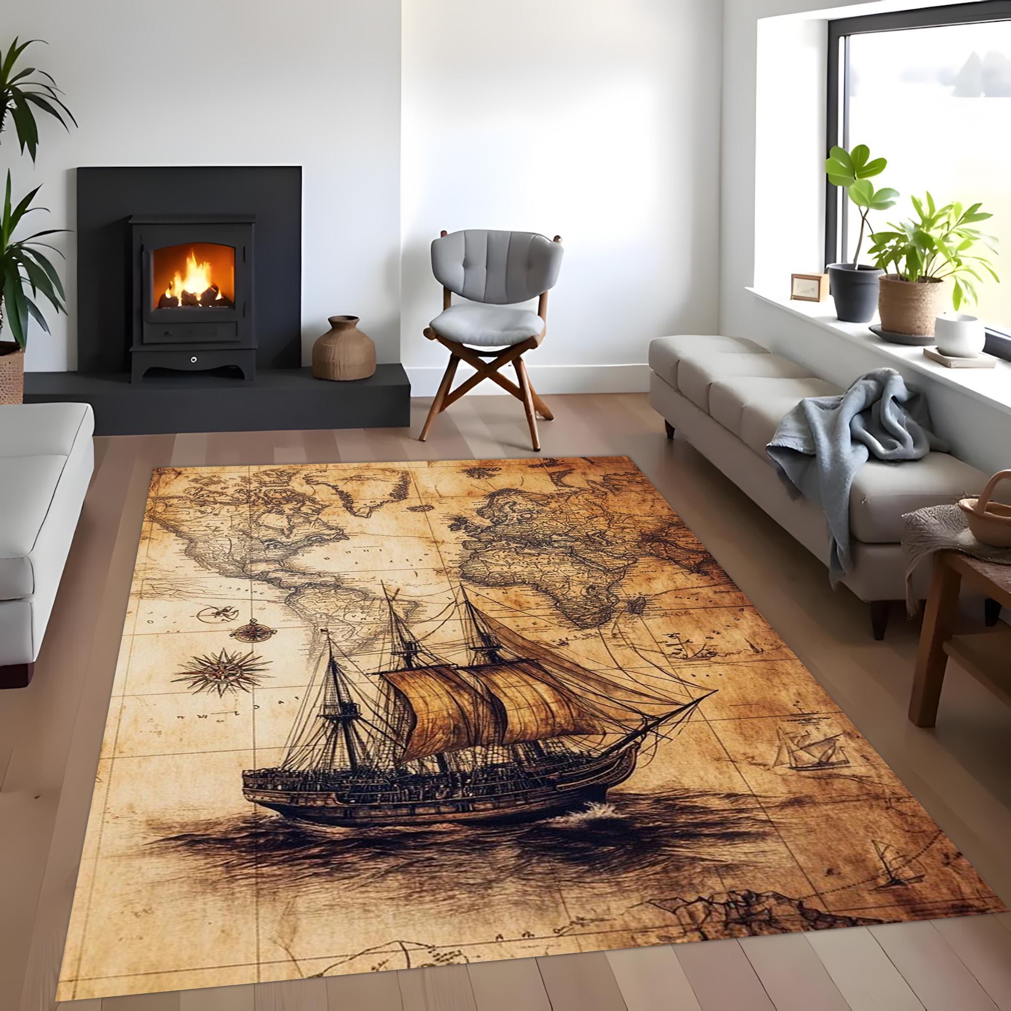 World Explorer Rug Nautical World Map Rug: Old World Ship Design, Sepia Compass Antique ...