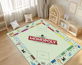 Könnte beinhalten: Ein großer rechteckiger Monopoly-Spielteppich mit hellgrünem Hintergrund. Das Spielbrett zeigt Grundstücksfelder, Chance- und Gemeinschaftskistenbereiche sowie das Monopoly-Logo. Der Teppich ist für den Einsatz auf dem Boden konzipiert.