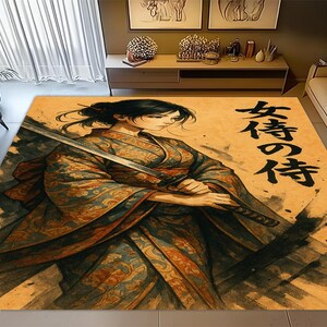 May include: A rectangular area rug featuring a Japanese-style illustration of a woman in a kimono holding a sword. The rug has a tan background with black calligraphy and a watercolor effect. The woman's kimono is teal and gold.