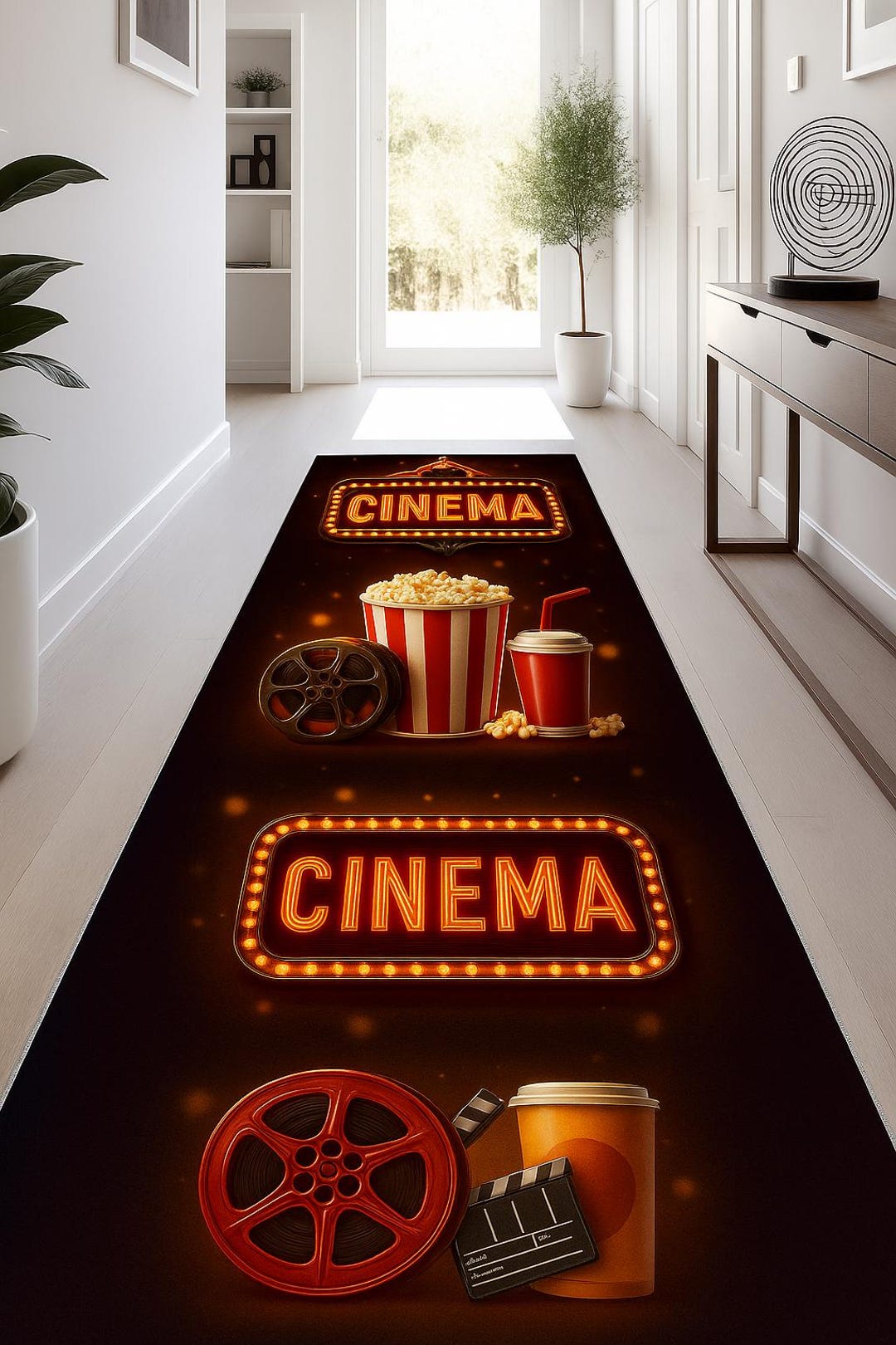 Popcorn Math Runner Rugs Cinema Lights Runner Rug: Popcorn Film Reel Carpet, Glowing Movie Sign ...