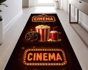 Alfombra de pasillo con luces de cine: Alfombra con diseño de carrete de película de palomitas de maíz, decoración con letrero luminoso de cine