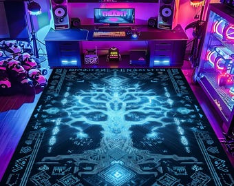 サイバーツリーラグ：ネオンブルーサーキットカーペット、未来的なテクノロジー、デジタルSFホームデコレーション