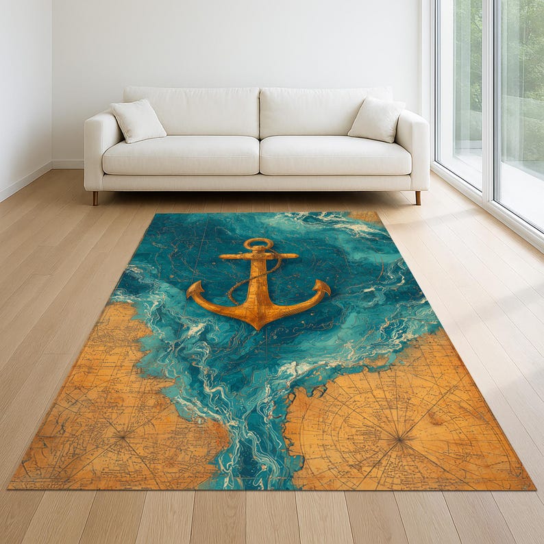 Nautical Anchor Area Rug, Ocean Map Blue Gold Pattern, Coastal Marine ...