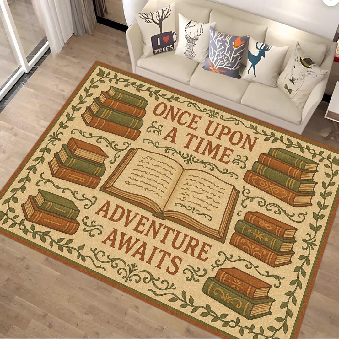 Literary Rug Once Upon Time Book Rug: Storybook Literary Quote Pattern, Reading Room ...