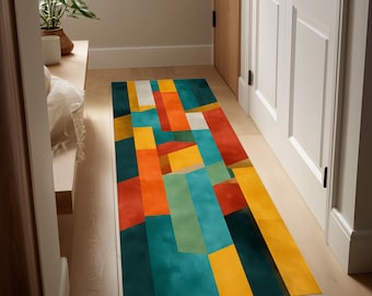 Alfombra geométrica Bauhaus: diseño abstracto de bloques de color, colorida y moderna decoración para el hogar de mediados de siglo.