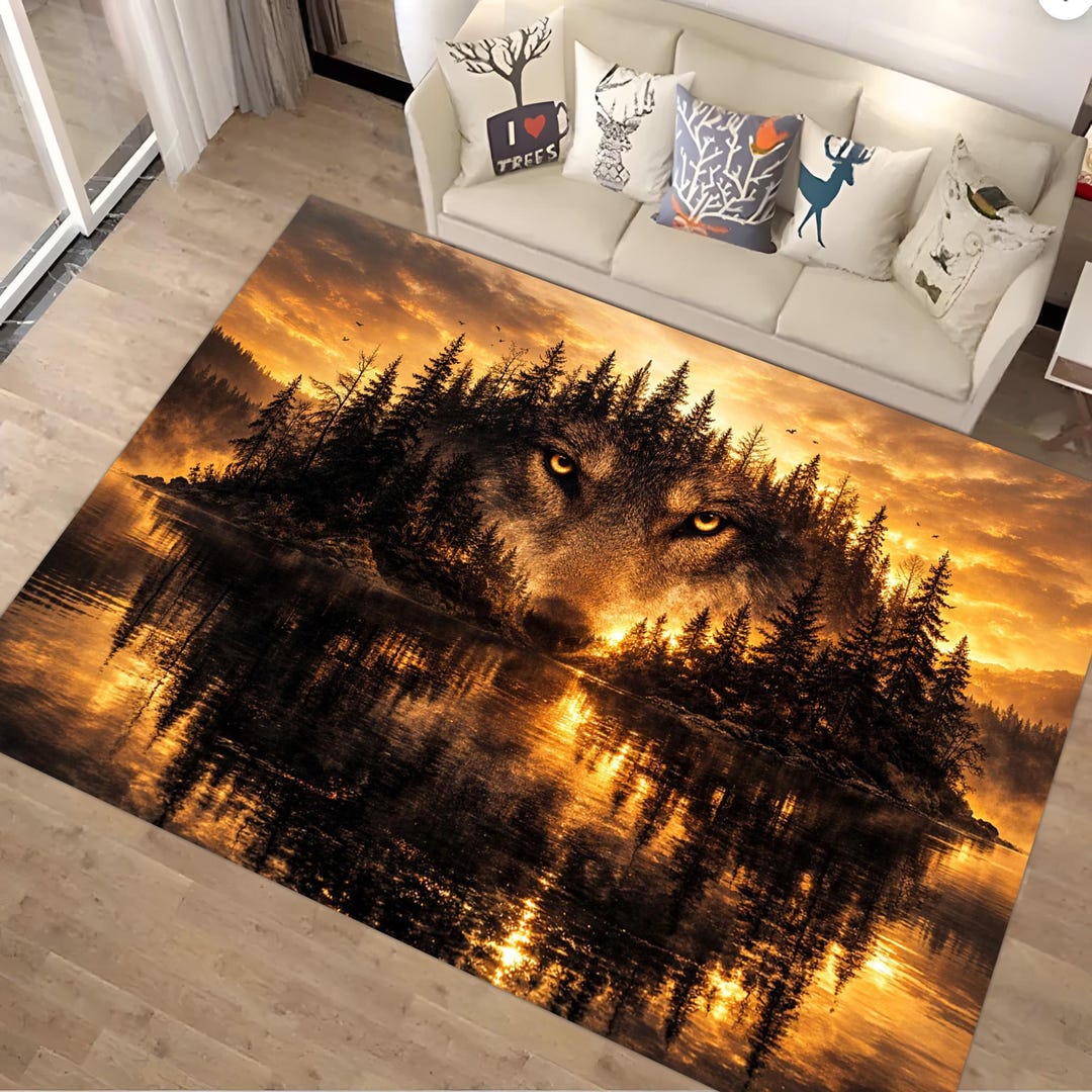 Wild Forever Rug Wolf Forest Rug, Sunset Wildlife Area Carpet, Rustic Cabin Decor - Etsy