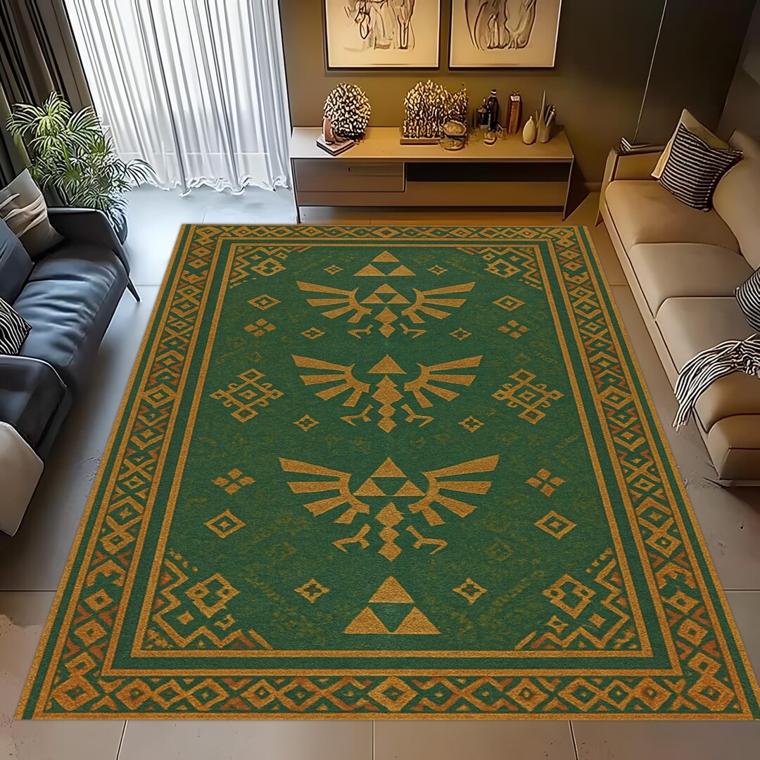 Rectangular Rug Emblem Zelda Emblem Rug: Green Gold Triforce Design, Classic Fantasy Pattern ...