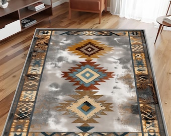 Southwestern Diamond Rug: Gray Brown Geometric Carpet, Rustic Boho Design, Western Tribal Decor