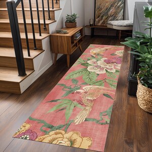 Vintage Style Floral Bird Runner Rug Pink Botanical Long Hallway Carpet Decor