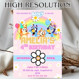 May include: A pink birthday invitation featuring characters from the animated series Bluey. The invitation includes the text "AMELIA'S 4TH BIRTHDAY" with details for the party, including the date, time, and location. The words "HIGH RESOLUTION" are at the top.