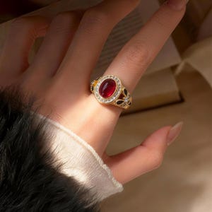 Red Stone Gold Plated Ring, Vintage Style jewelry image 4