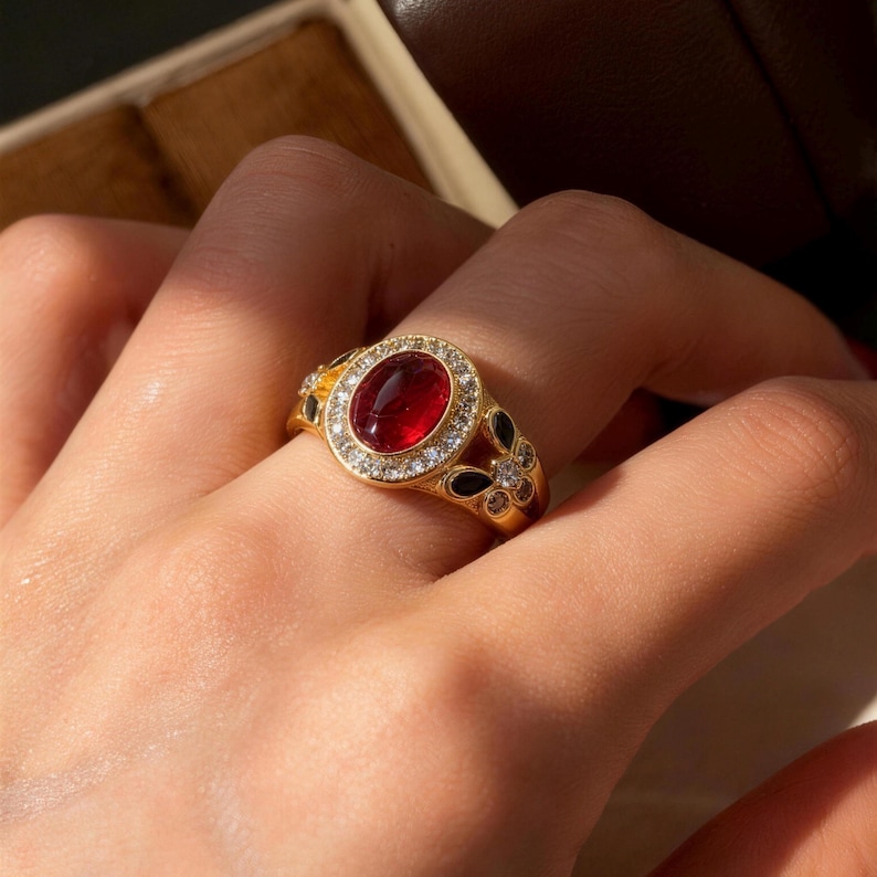 Red Stone Gold Plated Ring, Vintage Style jewelry image 1