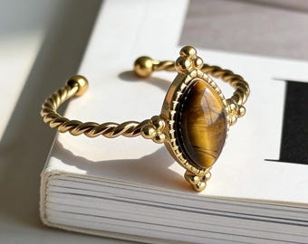 Tiger Eye Dainty Gold Ring, Vintage Marquise Design