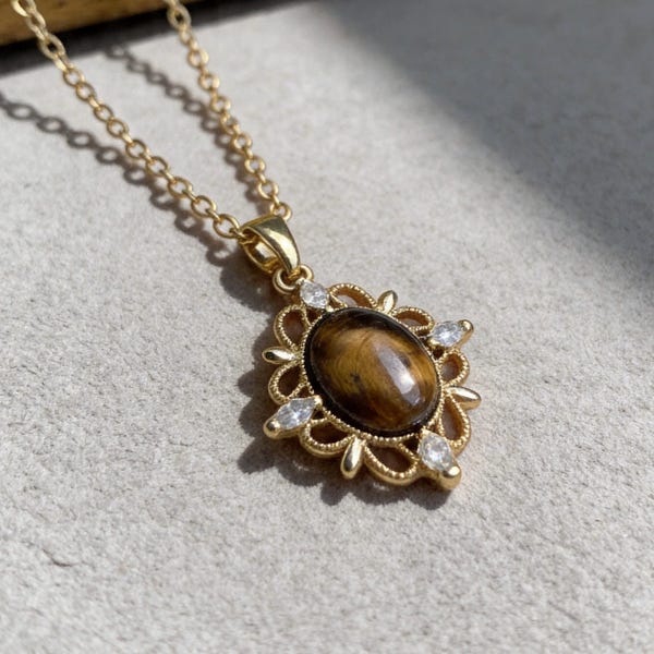 Tiger’s Eye Necklace, Oval Gemstone Pendant, Vintage Floral Design, Handmade Jewelry Gift for Her