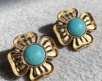 Turquoise Gold Flower Statement Earrings