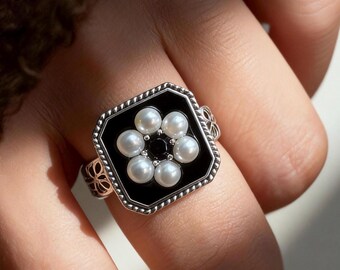 Silver Seed Pearl Ring: Adjustable Floral Filigree, Black Enamel