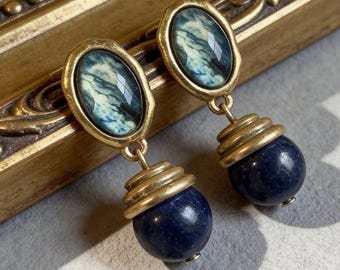 Vintage Lapis Lazuli Drop Earrings, Antique Gold Dangle Earrings