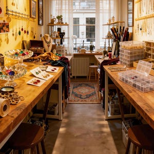 Może przedstawiać: Warsztat jubilerski z dwoma drewnianymi stołami wypełnionymi materiałami do tworzenia biżuterii. Stoły są obciążone szpulkami nici, szklanymi naczyniami i r&oacute;żnymi elementami biżuterii. Ściany zdobi gotowa biżuteria i dzieła sztuki.