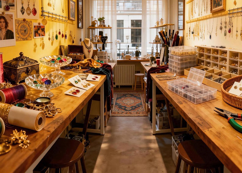 Może przedstawiać: Warsztat jubilerski z dwoma drewnianymi stołami wypełnionymi materiałami do tworzenia biżuterii. Stoły są obciążone szpulkami nici, szklanymi naczyniami i r&oacute;żnymi elementami biżuterii. Ściany zdobi gotowa biżuteria i dzieła sztuki.
