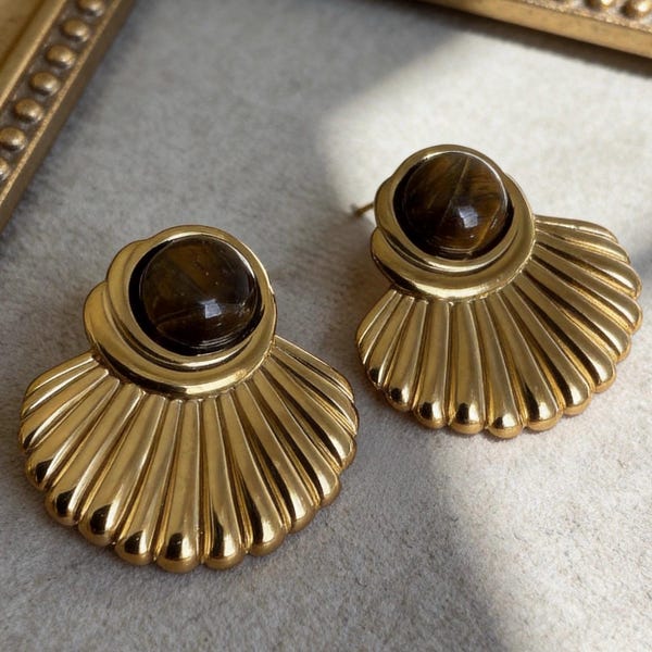 Vintage Tiger Eye Fan Earrings, Gold Statement Studs
