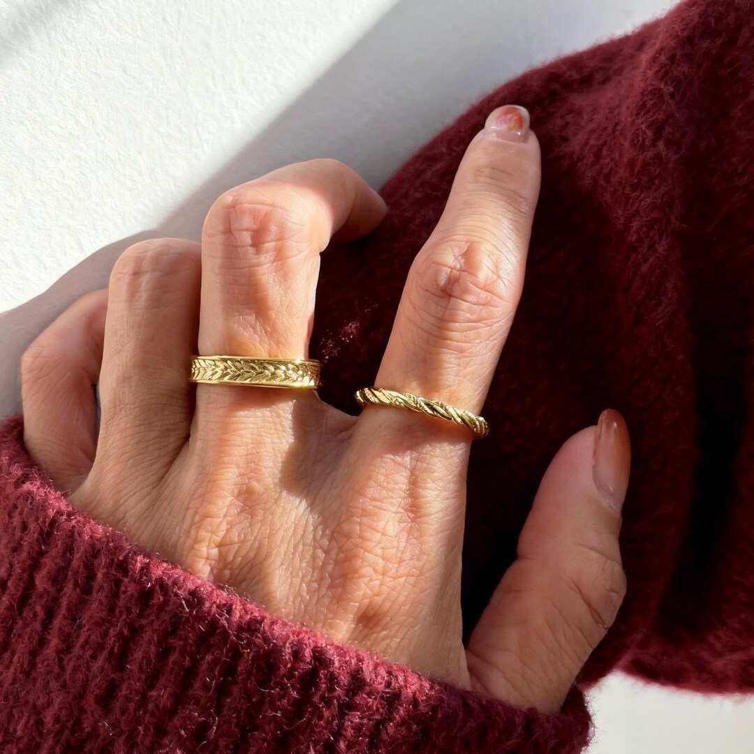 Braided Rope Ring Set, 18K Gold Plated Sterling Silver, Adjustable ...