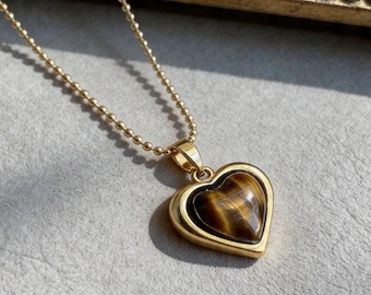 Gold Tiger's Eye Heart Pendant Necklace, Vintage Love Charm