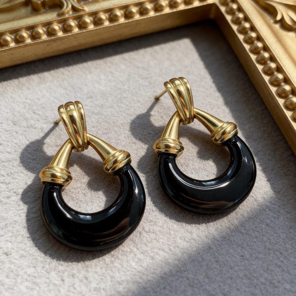 Gold Black Crescent Drop Earrings