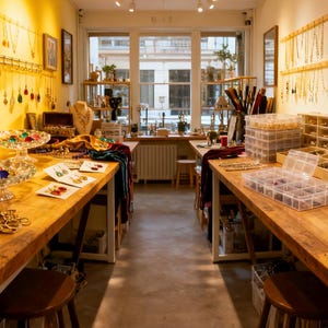 May include: A jewelry workshop with wooden work tables, spools of thread, and various jewelry-making supplies. Displayed necklaces hang on the walls. The space is well-lit, showcasing a variety of handcrafted jewelry and materials.