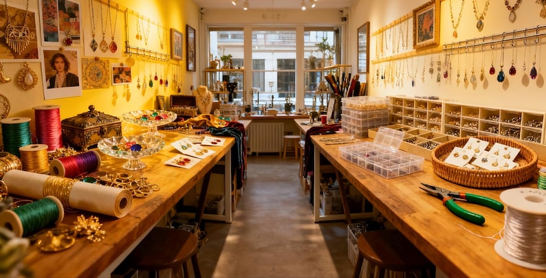 May include: A jewelry workshop with wooden work tables, spools of thread, and various jewelry-making supplies. Displayed necklaces hang on the walls. The space is well-lit, showcasing a variety of handcrafted jewelry and materials.