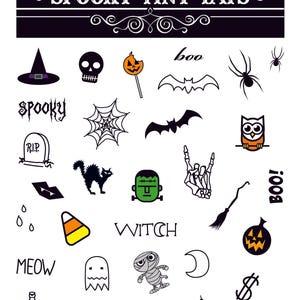 May include: A collection of Halloween-themed temporary tattoos. Designs include a witch's hat, skull, spider, bat, owl, tombstone, cat, Frankenstein's monster, candy corn, witch, pumpkin, ghost, mummy, and more. The text "Spooky Tiny Tats" is at the top.