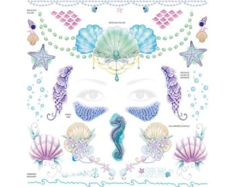 Large Mermaid Face and Accessory Glitter Temporary Tattoo