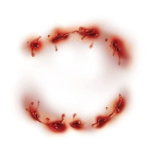 May include: A ring of fake blood, designed to look like a bite mark. The red blood is smeared and dripping, with a blurred white background. This is a Halloween costume accessory.