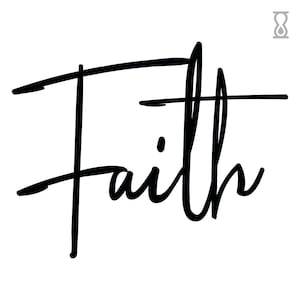 Może przedstawiać: Czarna grafika słowna słowa "Faith" na białym tle. Słowo jest napisane płynną, kursywą. Obraz ma minimalistyczny design, odpowiedni do dekoracji ściennych lub inspirujących.