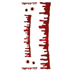 May include: Red, dripping blood-like decals for Halloween decorations. The set includes two long, vertical drips, two eye-like shapes, and two smaller drips. The decals are designed to look like blood and are against a white background.