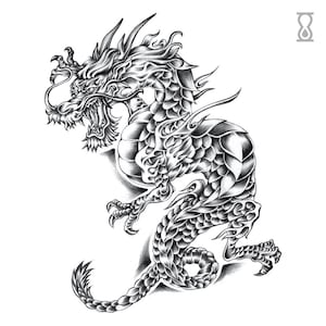 May include: A detailed monochrome illustration of a dragon. The dragon is shown in a dynamic pose, with intricate scales, sharp claws, and a fierce expression. The artwork is highly detailed, showcasing the dragon's powerful form.