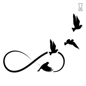 May include: Black silhouette art featuring four birds in flight, with an infinity symbol incorporated into the design. The birds are depicted with outstretched wings, creating a sense of movement against a white background.