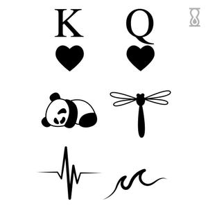 May include: Black and white graphic illustrations on a white background. Includes a heart, the letters K and Q, a sleeping panda, a dragonfly, a heartbeat line, and a wave.