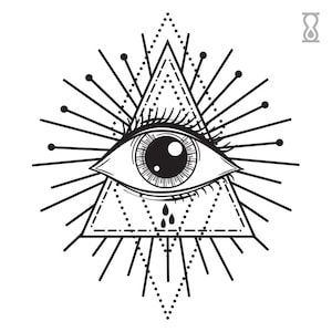 May include: Black and white illustration of an eye within a triangle, surrounded by radiating lines and dots. The eye has detailed eyelashes and a prominent pupil. The design has a geometric and mystical theme.