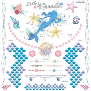 May include: A whimsical illustration featuring a blue mermaid, starfish, seashells, and pearl necklaces. The phrase "Let's be Mermaids" is written in a decorative font. The design includes mermaid scales in shades of blue and purple, perfect for a mermaid-themed project.