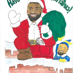Könnte beinhalten: Handgezeichnete Weihnachtskarte mit einem als Weihnachtsmann verkleideten schwarzen Mann, der einen roten Anzug und Hut trägt und einen grünen Sack hält. Der Text lautet "Have a MAGA Christmas!" und "FBI Naughty/Nice List". Eine kleinere Elfenfigur ist ebenfalls vorhanden.