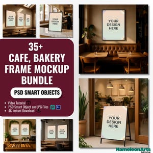 35+ Cafe & Bakery Frame Mockup Bundle, Coffee Shop Restaurant Wall Art Mockup PSD, Smart Object, Photopea, Instant Download