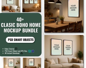 40+ Klassischer Amerikanischer Hausrahmen Mockup Bundle, Boho Wohnzimmer Wand Kunst Mockup PSD, Smart Objekt, Photopea, Sofort Download