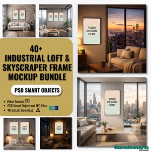 Pacchetto di oltre 40 mockup di telai per loft e grattacieli industriali, mockup PSD per opere d'arte murali urbane, oggetto intelligente, Photopea, download immediato