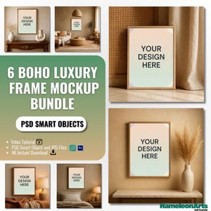 May include: A mockup bundle featuring six frames with a boho luxury design. Each frame displays the text "YOUR DESIGN HERE" in a modern font. The bundle includes PSD smart objects and JPG files, with a 4K instant download option.