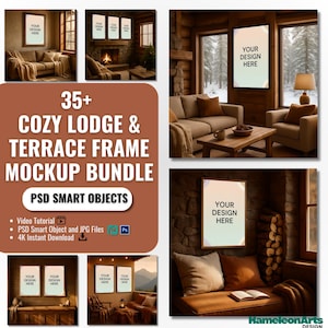 35+ Cozy Cabin & Lodge Frame Mockup Bundle, Rustic Mountain Wall Art Mockup PSD, Fireplace Interior, Smart Object, Instant Download