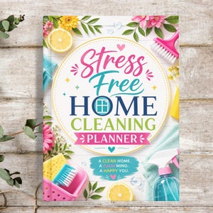 May include: A colorful home cleaning planner with the text "Stress Free HOME CLEANING PLANNER". The cover features floral and citrus accents, cleaning supplies, and the phrase "A clean home, a calm mind, a happy you."
