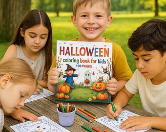 May include: A group of children coloring at a wooden table. One child holds a "Halloween Coloring Book for Kids" with illustrations of pumpkins, a ghost, and a witch. Colored pencils and drawings are on the table. The children are outdoors.