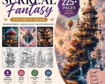 Surreales Fantasy-Malbuch für Erwachsene | 225+ Seiten | Stress Relief Färbung | Druckbare PDF | Sofortiger digitaler Download