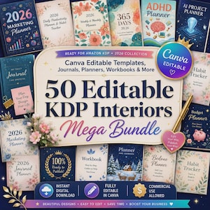 50 Editable KDP Interior Templates, Canva Planner Journal Workbook Bundle (Commercial Use)